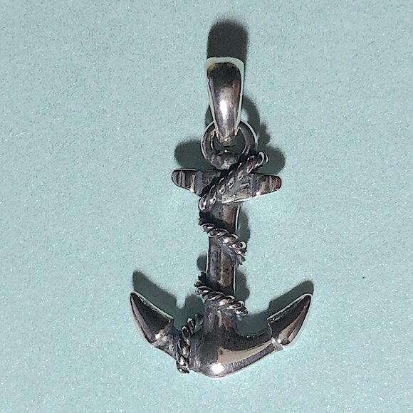 Small Oxidized Sterling Silver Nautical Anchor Pendant w/Rope - Picture 1 of 3